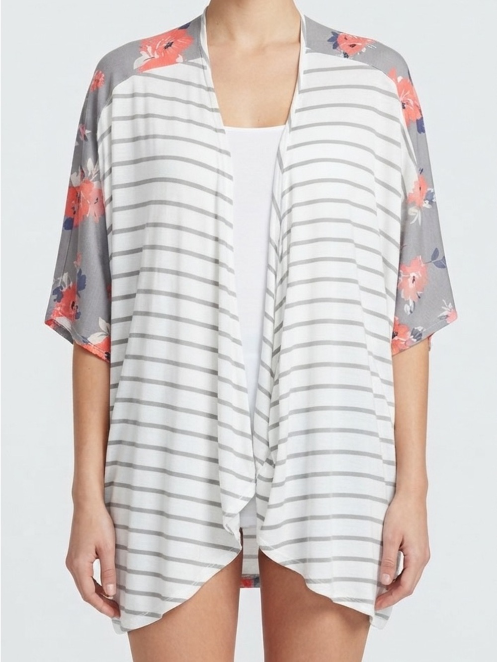 Cruel Denim Floral & Stripe Open Front Kimono - Gray Pink Size Small